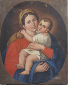 Antique European Madonna and Child Family Portrait Oil Painting