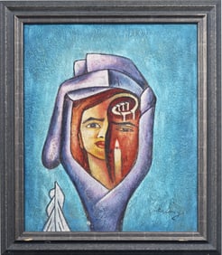 Signed Vintage Surrealist Framed Portrait Oil Painting