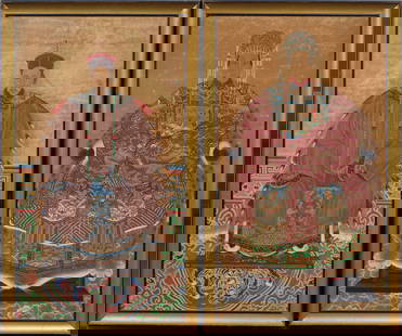 Antique Chinese Ancestral Framed Portrait Paintings: Antique Chinese paintings. Mixed media on paper. Framed. Measuring 42 by 25 inches each overall and 39 by 22 painting alone. Please see all images for condition. Size is measured and written on the ba