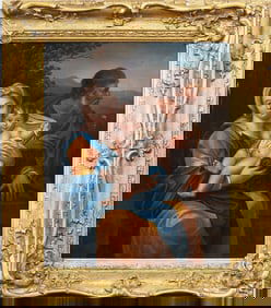 Antique Finely Painted European Old Master Family Portrait and Landscape Framed Oil Painting