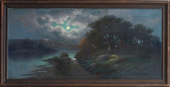 Antique American Hudson River School Moonlit Framed Pastel Painting