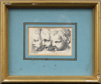 Wenceslaus (Wenzel) Hollar (1606/07 - 1677) "Heads of Three Children" Framed Antique Print