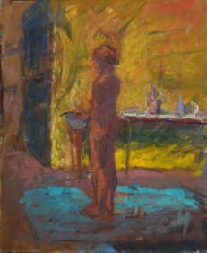 Vintage American School Nude Bather Interior Scene Oil Painting