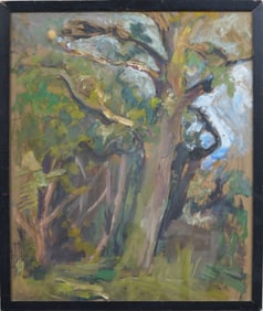 Barbara Hollister Vintage American Modernist Landscape Framed Original Oil Painting