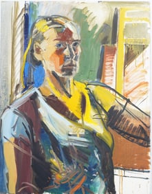 Vintage American Modernist Expressive Powerful Woman Artist Self Portrait Oil Painting
