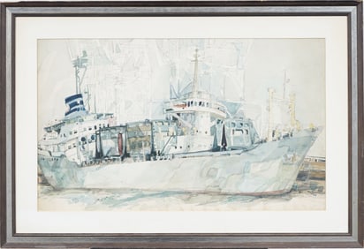 Vintage American Modernist Nautical Ship Portrait Framed Painting