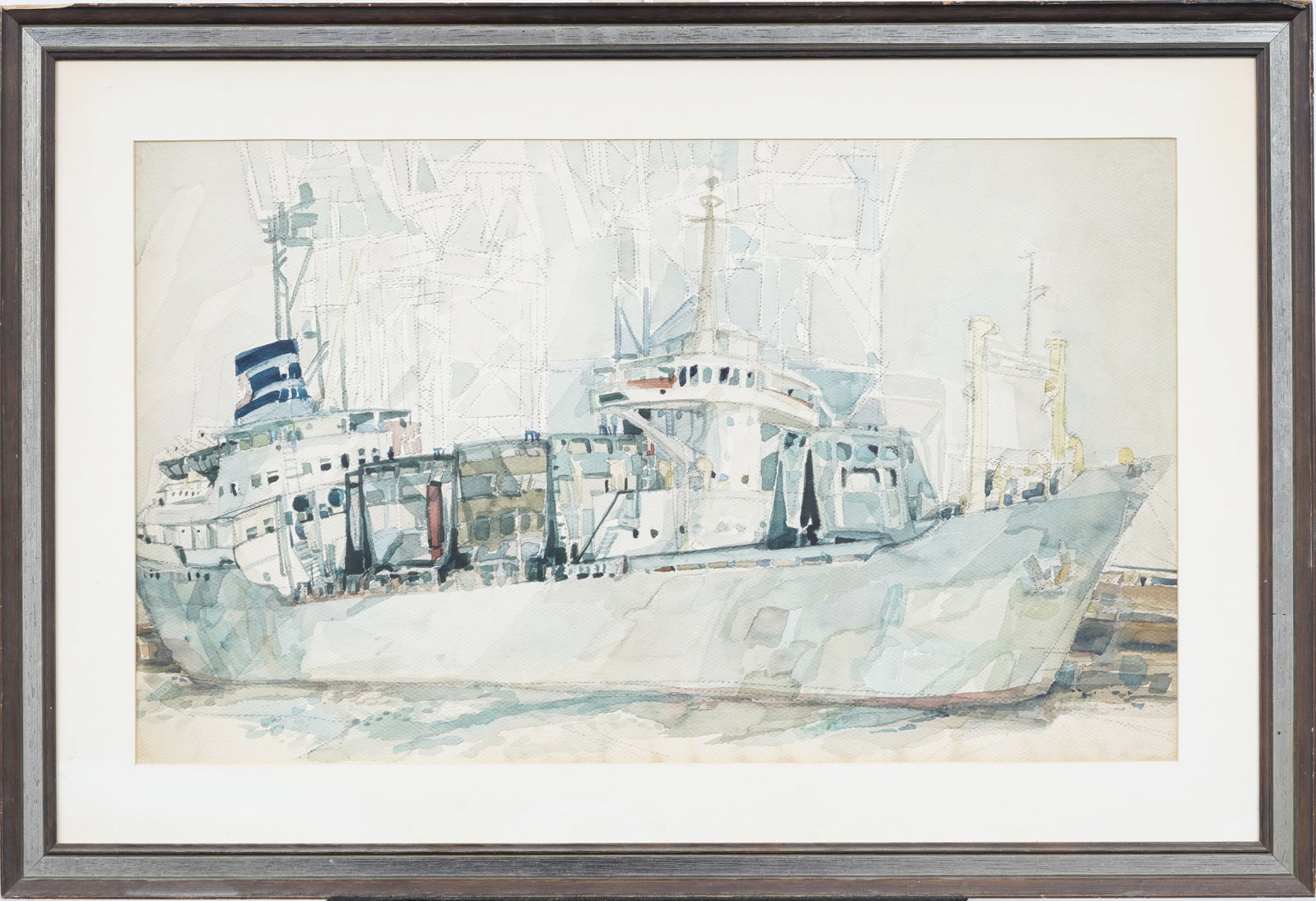 Vintage American Modernist Nautical Ship Portrait Framed Painting: Antique American watercolor on paper. Framed. Measuring 25 by 36 inches and 17 by 29 painting alone. Please see all images for condition. Size is measured and written on the back of the painting. The 