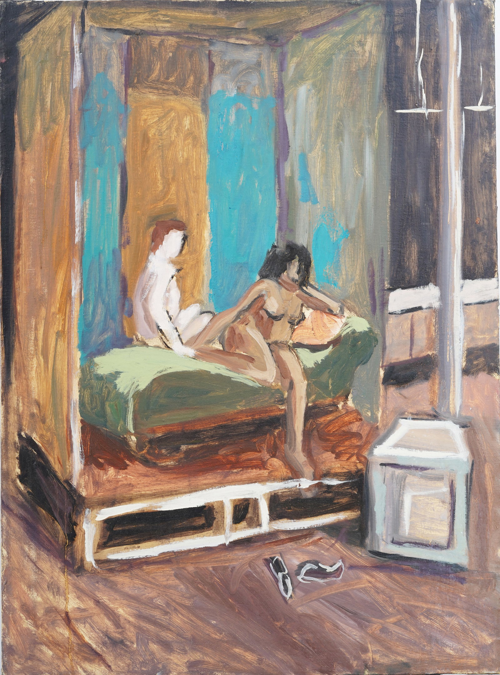 Vintage American Modernist Interior Scene Nude Figure Oil Painting "Why are you leaving so soon"?: Antique American modernist nude oil painting. Oil on canvas. Measuring 30 by 22 inches. Please see all images for condition. Size is measured and written on the back of the painting. The first size is