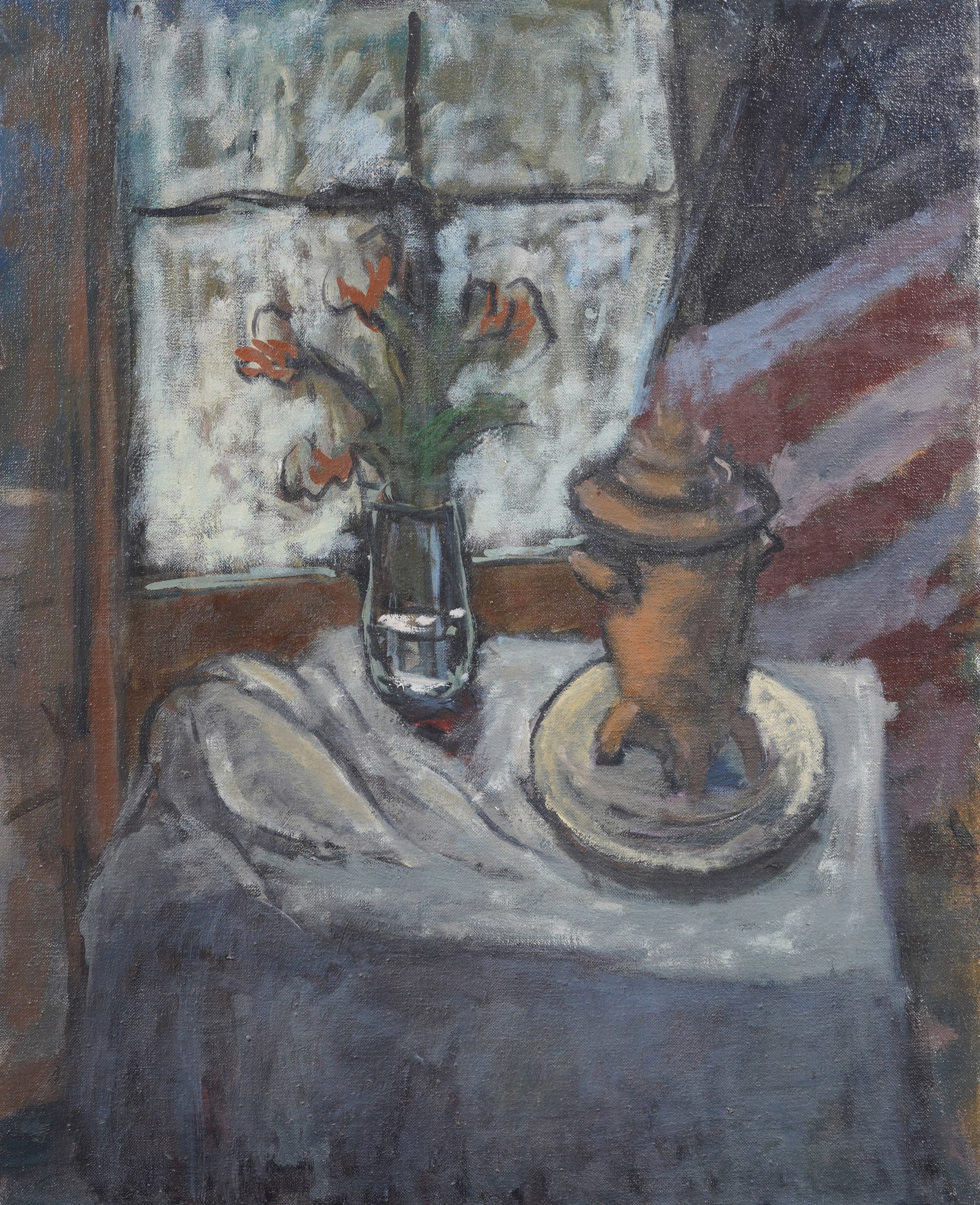 Vintage American Modernist Still Life Original Oil Painting: Antique American oil painting. Oil on canvas. Measuring 29.5 by 24 inches. Please see all images for condition. Size is measured and written on the back of the painting. The first size is the overall 