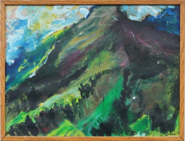 Vintage American Modernist Abstract Mountain Landscape Oil Painting