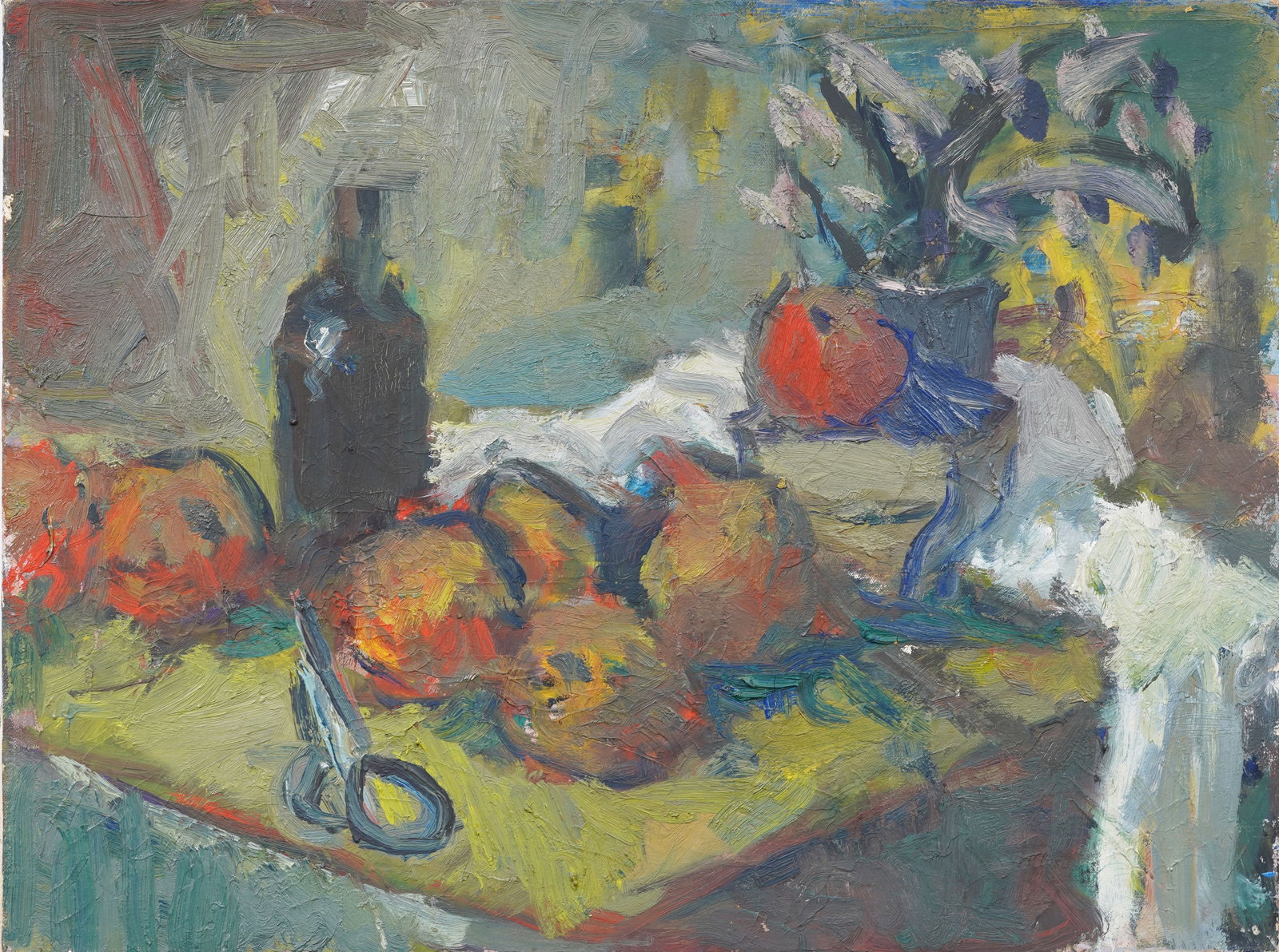 Vintage American Modernist Still Life Oil Painting: Antique American oil painting. Oil on canvas. Measuring 18 by 24 inches. Please see all images for condition. Size is measured and written on the back of the painting. The first size is the overall si