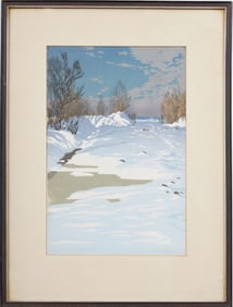 Oskar Droege (1898 - 1983 or 1984) Winter Landscape Hand Colored Woodcut Framed Print