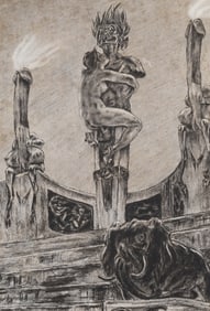 ATTR Felicien Rops (1833 - 1898) Vintage Erotic Surreal Woman Climbing Totem Pole Original Drawing