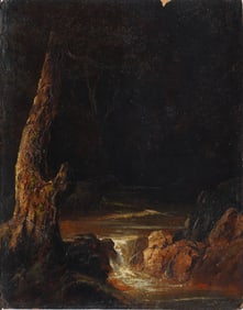 Antique American Hudson River School Nocturnal Forest Babbling Spring Landscape Oil Painting