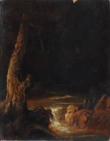 Antique American Hudson River School Nocturnal Forest Babbling Spring Landscape Oil Painting (1 of 4)