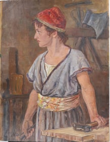 Antique American or European Early Woman Smith Portrait Painting