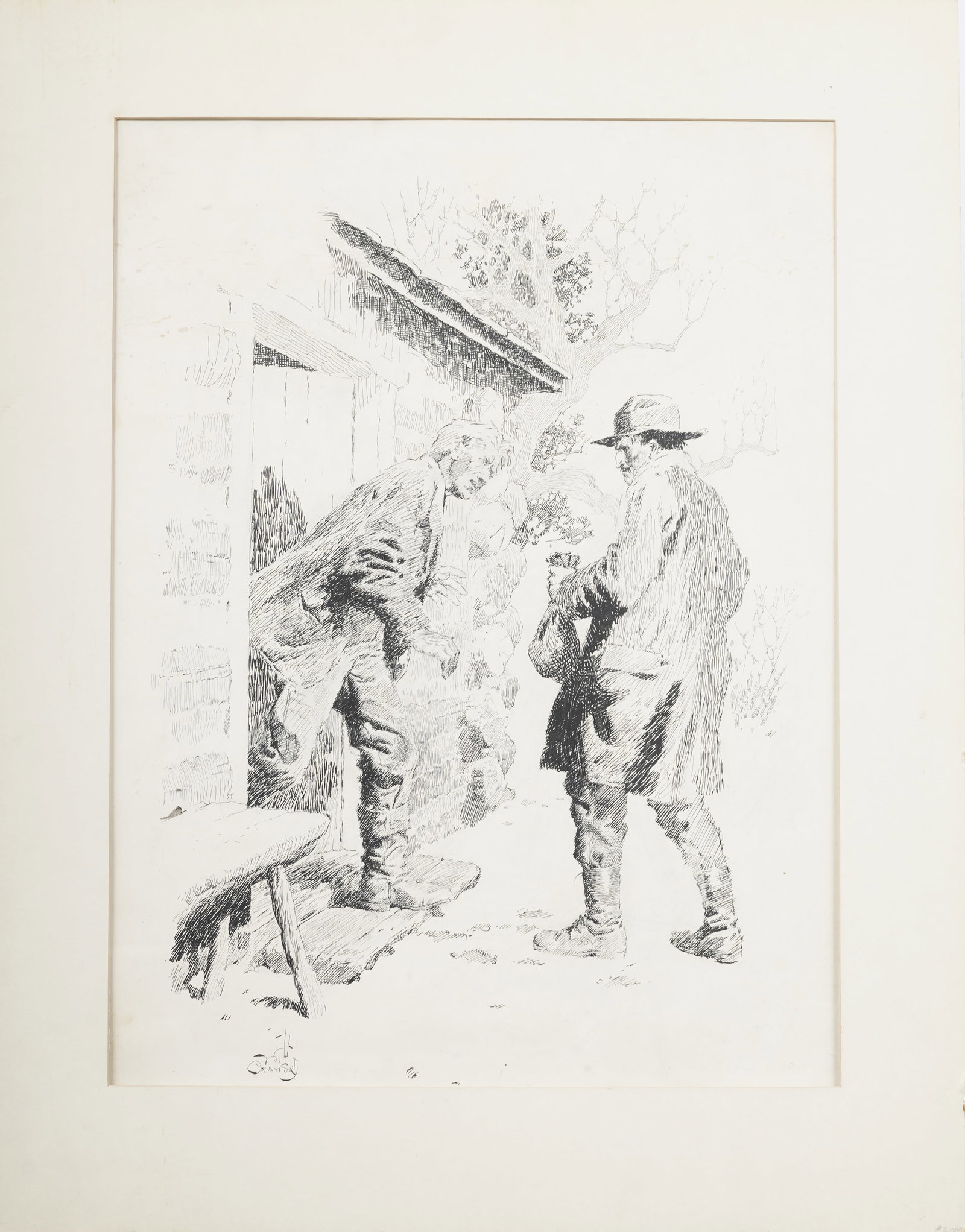 Will Crawford Listed American Western Illustration Drawing: Antique American western drawing. Measuring 29 by 23 inches overall and 23 by 17 painting alone. Please see all images for condition. Size is measured and written on the back of the painting. The firs