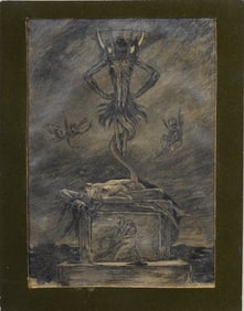 ATTR Felicien Rops (1833 - 1898) Vintage Surrreal Macabre Grave Landscape Skeleton Drawing