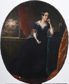 Antique American Early 1800s Finely Painted Woman Portrait Large Original Oil Painting