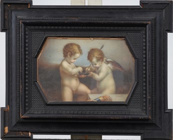 Antique Italian 19th Century "Putti Painting" Incredible Ripple Frame Signed Roma 1871