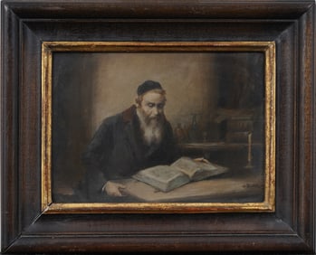 Antique European Signed Jewish Rabbi Portrait Framed Oil Painting