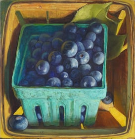 Vintage American Modernist Super Realist Blueberry Basket Signed Oil Painting