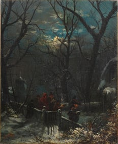 James Northcote (1822 - 1904) Antique American Hudson River School Moonlit Winter Oil Painting