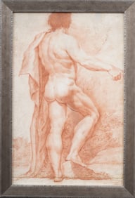 Antique European Old Master Male Nude Drawing Framed Original Artwork
