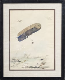 Antique Historic French World War I Zeppelin Plane Parachuters Landscape Painting
