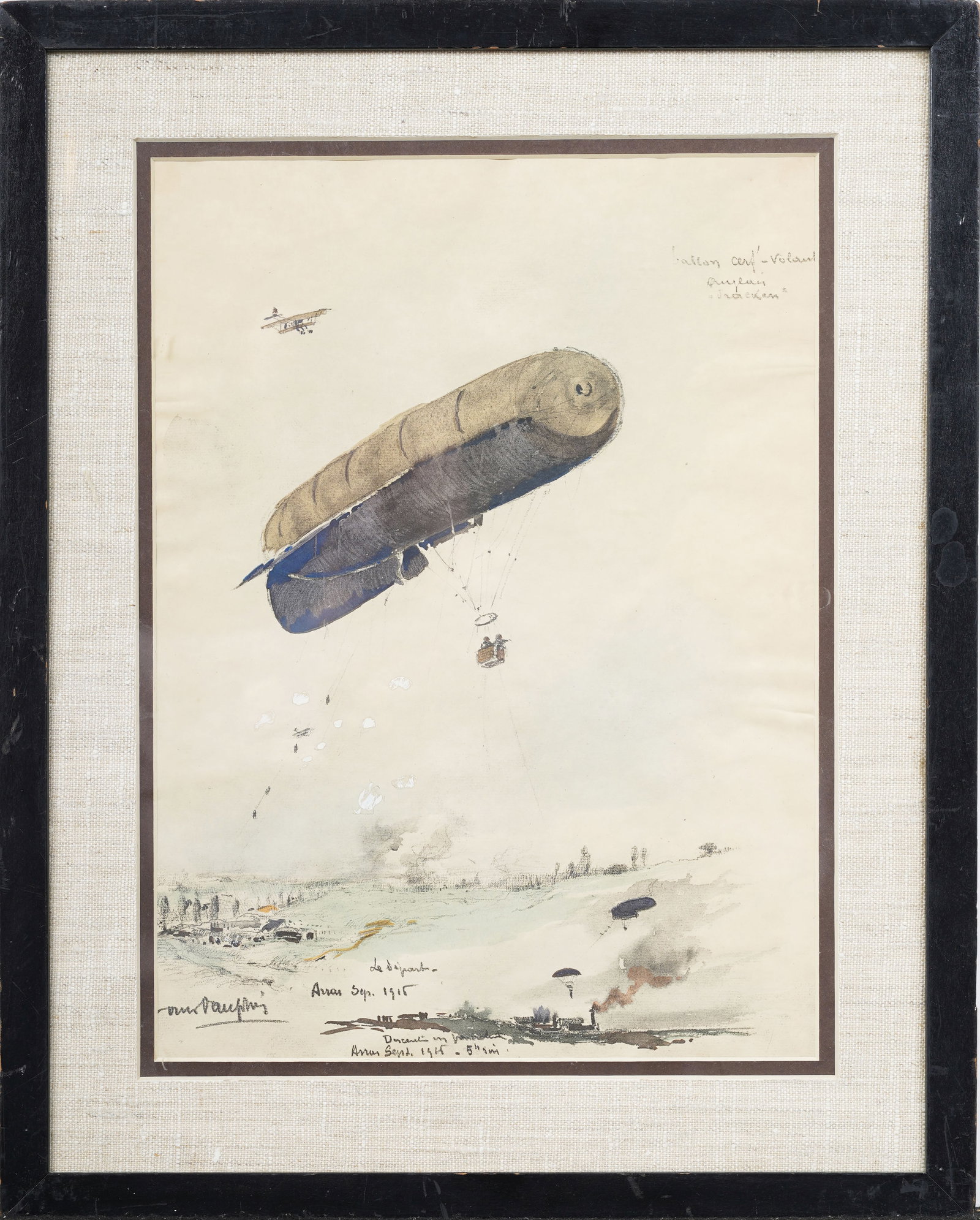 Antique Historic French World War I Zeppelin Plane Parachuters Landscape Painting (1 of 9)