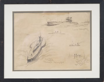 Antique Historic French World War I Navy Submarine Seascape Painting