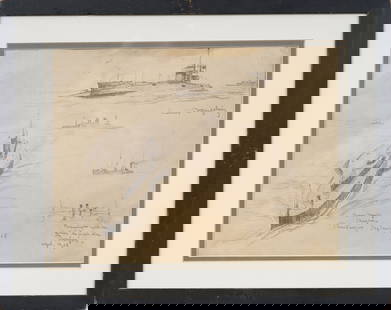 Antique Historic French World War I Navy Submarine Seascape Painting: Antique French painting. Mixed media on paper. Framed. Measuring 14 by 18 inches overall and 10 by 13 by painting alone. Please see all images for condition. Size is measured and written on the back o