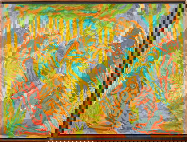 Monumental Vintage American Modernist Abstract Landscape "The Wedding 1982" Framed Painting (1 of 10)