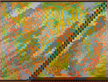 Monumental Vintage American Modernist Abstract Landscape "The Wedding 1982" Framed Painting (1 of 11)