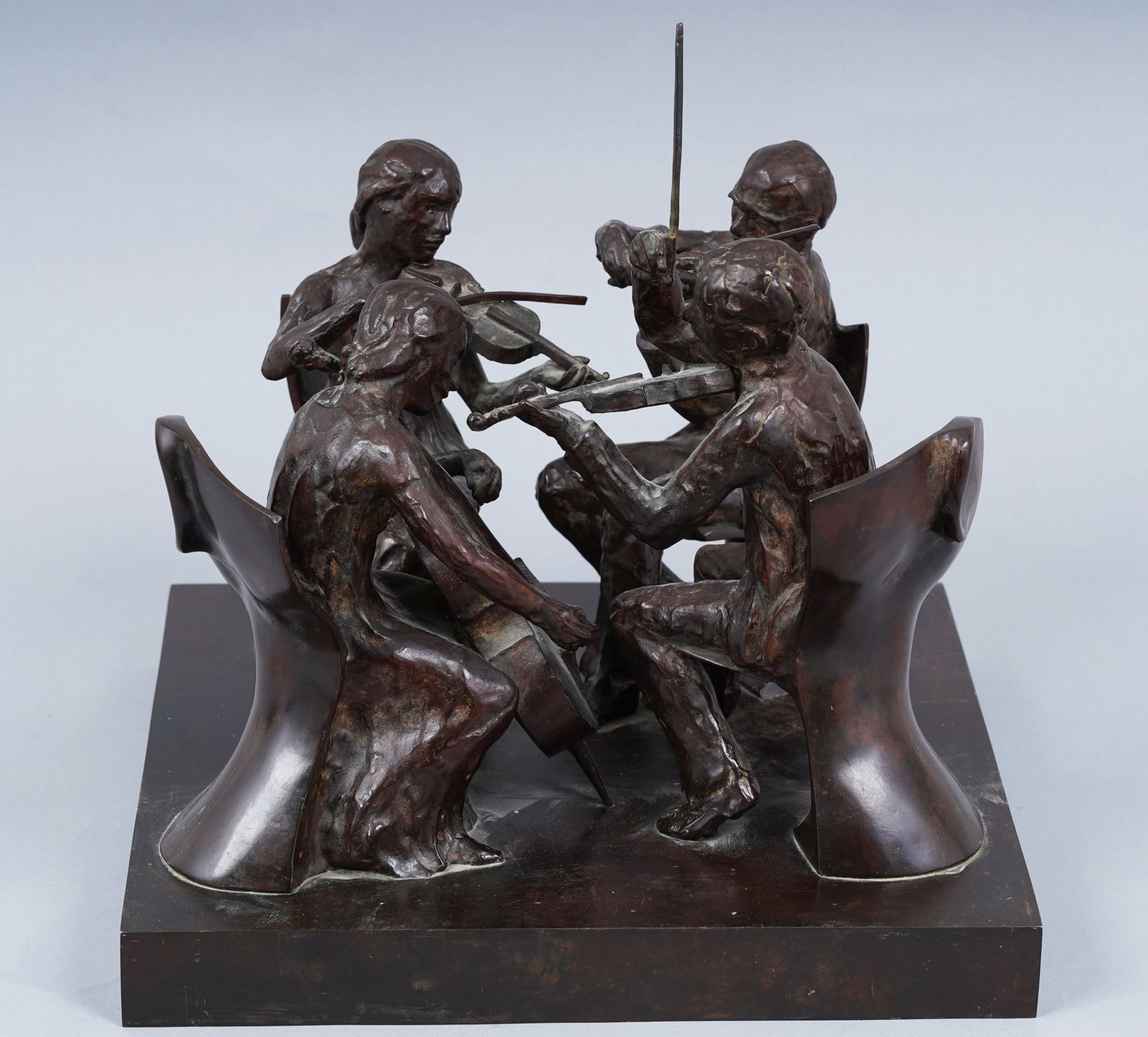 Antique American or European Musical Bronze Sculpture: Antique American or European sculpture. Measuring 14 by 14 by 15 inches. Please see all images for condition. Size is measured and written on the back of the painting. The first size is the overall si