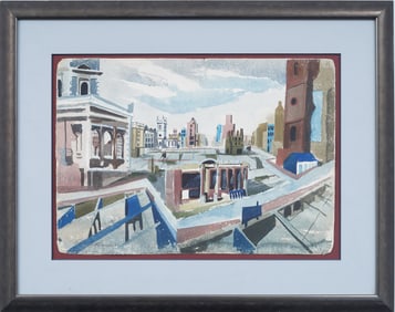 Theo Hancock Signed Modernist Framed Cityscape 1951 Cubist Watercolor Painting