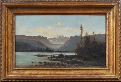 Antique European Panoramic Framed Mountain Landscape Oil Painting