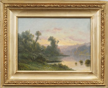 Antique Luminous River Sunset Signed Landscape Nicely Framed Oil Painting