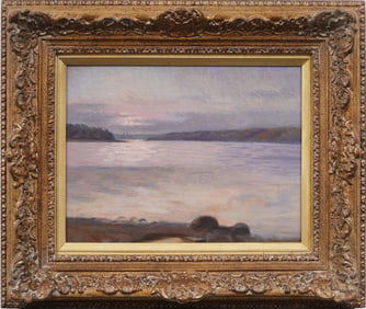 Antique American Luminous "Dusk on the River" Framed Original Landscape Oil Painting