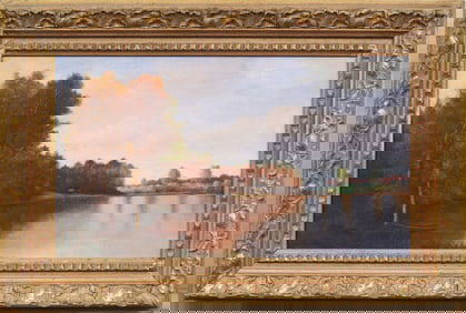 Antique American Framed River Landscape Original Oil Painting