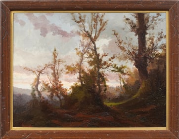 Antique Atmospheric Sunset Landscape Framed 19th Century Landscape Oil Painting