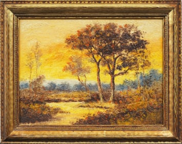 Edward Pritchard (B.1864) Antique American Fall Sunset Landscape Framed Original Oil Painting