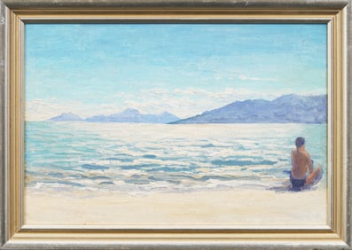 Antique American Impressionist Brilliant Summer Sunny Beach Scene Original Oil Painting