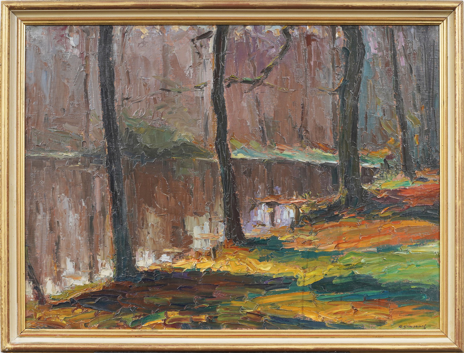Antique American Impressionist "Forest Pool" Thick Impasto Landscape Framed Original Oil Painting: Antique American oil painting. Oil on canvas. Signed. Framed. Measuring: 24 by 31 inches overall, and 21 by 29 painting alone. Please see all images for condition. Size is measured and written on the