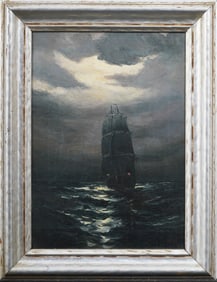 Antique American School Moonlit Sailboat Nautical Seascape Framed Original Oil Painting