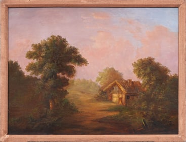 Antique American Hudson River School Luminous Pink Sunset Sky Framed Original Oil Painting