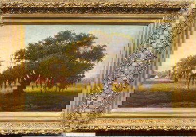 Antique American Luminous Sunset Hudson River School Framed Landscape Early 19thC Oil Painting