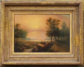 Antique American Luminous Sunset Hudson River School Framed Landscape Early 19thC Oil Painting