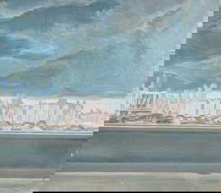 Vintage American Modernist New York City Skyline Panoramic Cityscape Painting
