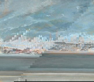 Vintage American Modernist New York City Skyline Panoramic Cityscape Painting